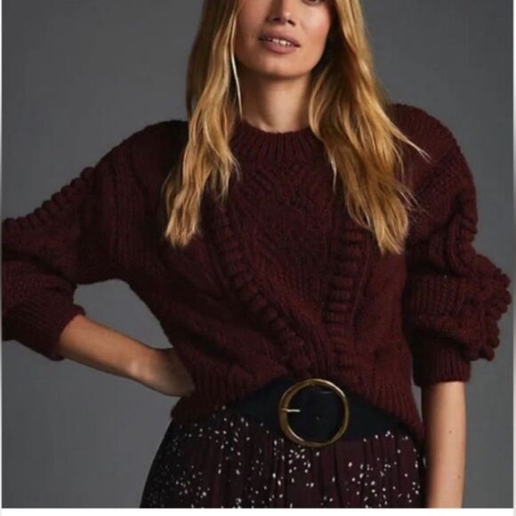 Anthropologie Sweaters - Anthropologie Maroon Chunky Cable Knit Cropped Sweater XS
